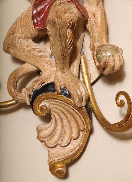 20th Century Whimiscal Pair of Carved Wood Monkey Sconces