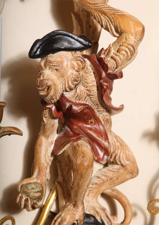 Whimiscal Pair of Carved Wood Monkey Sconces 1