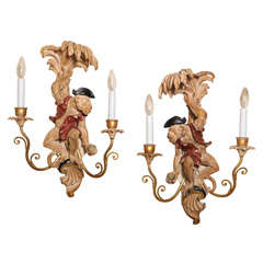 Vintage Whimiscal Pair of Carved Wood Monkey Sconces