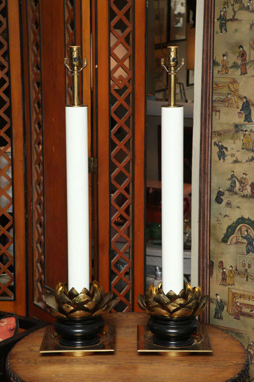 1960's Table Lamps With Brass Lotus Base