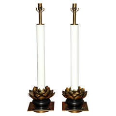 1960's Table Lamps With Brass Lotus Base