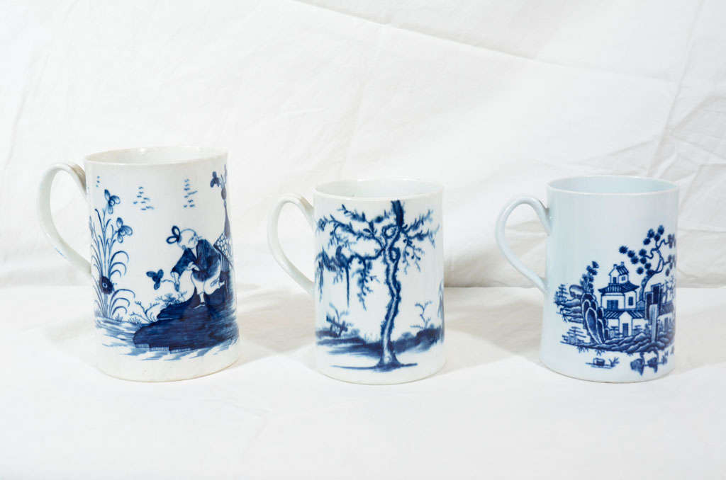 These 3 mugs are part of our collection of Dr. Wall Worcester Blue and White 18th century porcelain. The mugs can be purchased individually.
Dr. John Wall, a physician, developed a method for producing porcelain and began the Worcester factory in
