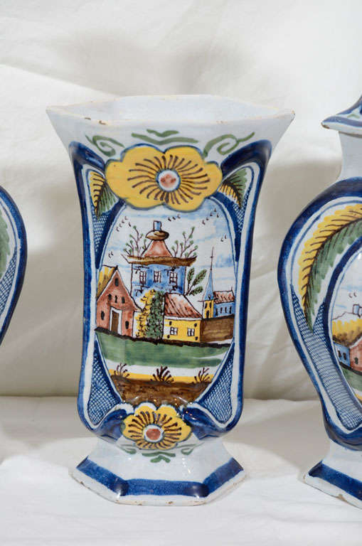 Dutch Delft Garniture of Five Vases Painted in Cobalt Blue Yellow and Green 3