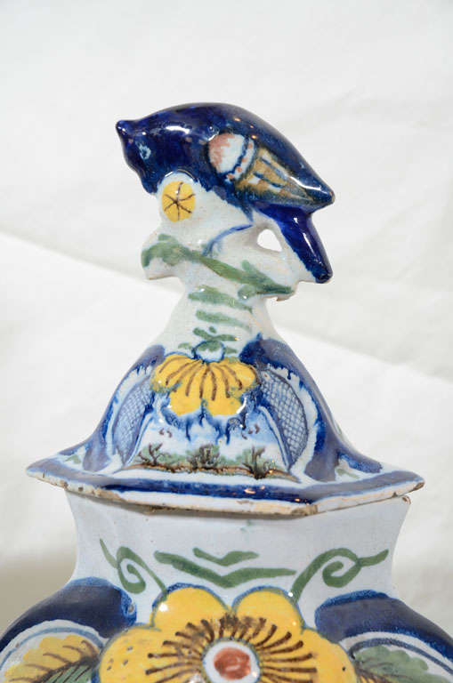 Rococo Dutch Delft Garniture of Five Vases Painted in Cobalt Blue Yellow and Green