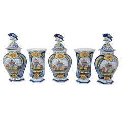 Dutch Delft Garniture of Five Vases Painted in Cobalt Blue Yellow and Green