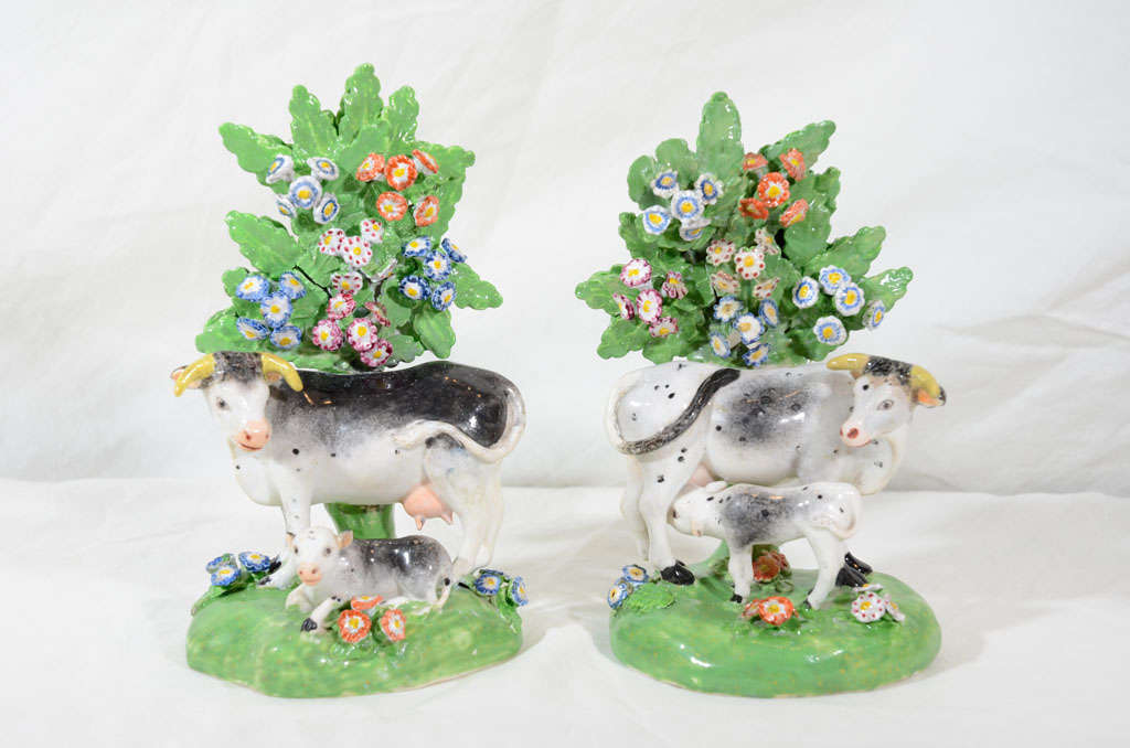 A pair of 18th century Derby porcelain cows with their calves.<br />
A similar Derby model is in the collection of the Hastings Museum and Art Gallery, Hastings Sussex (See 