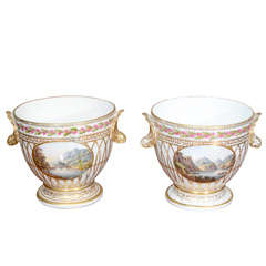 A pair of Derby porcelain gilded topographical cache pots