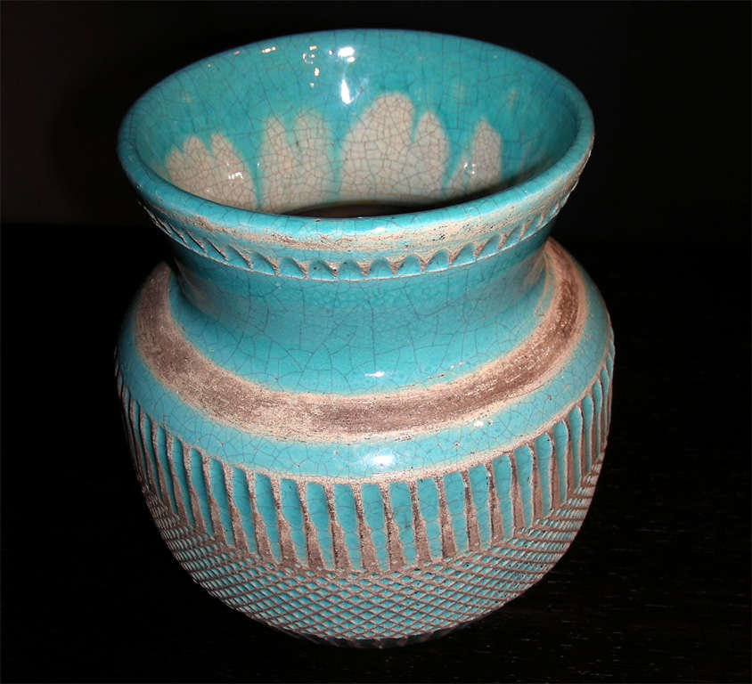 1930s blue glazed ceramic vase by Jean Besnard, with geometric motifs. Signed under the base.

