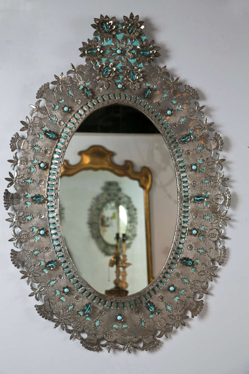 Pair Of Mexican Tin Oval Mirrors C 1950s