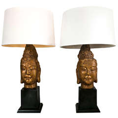 Pair of James Mont Style Budda Lamps with White Shades