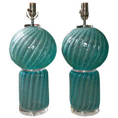 Vintage Pair Turquoise Murano Custom Designed Lamps