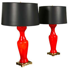 Pair of Red Murano Glass Lamps with Black 
Gold Shades