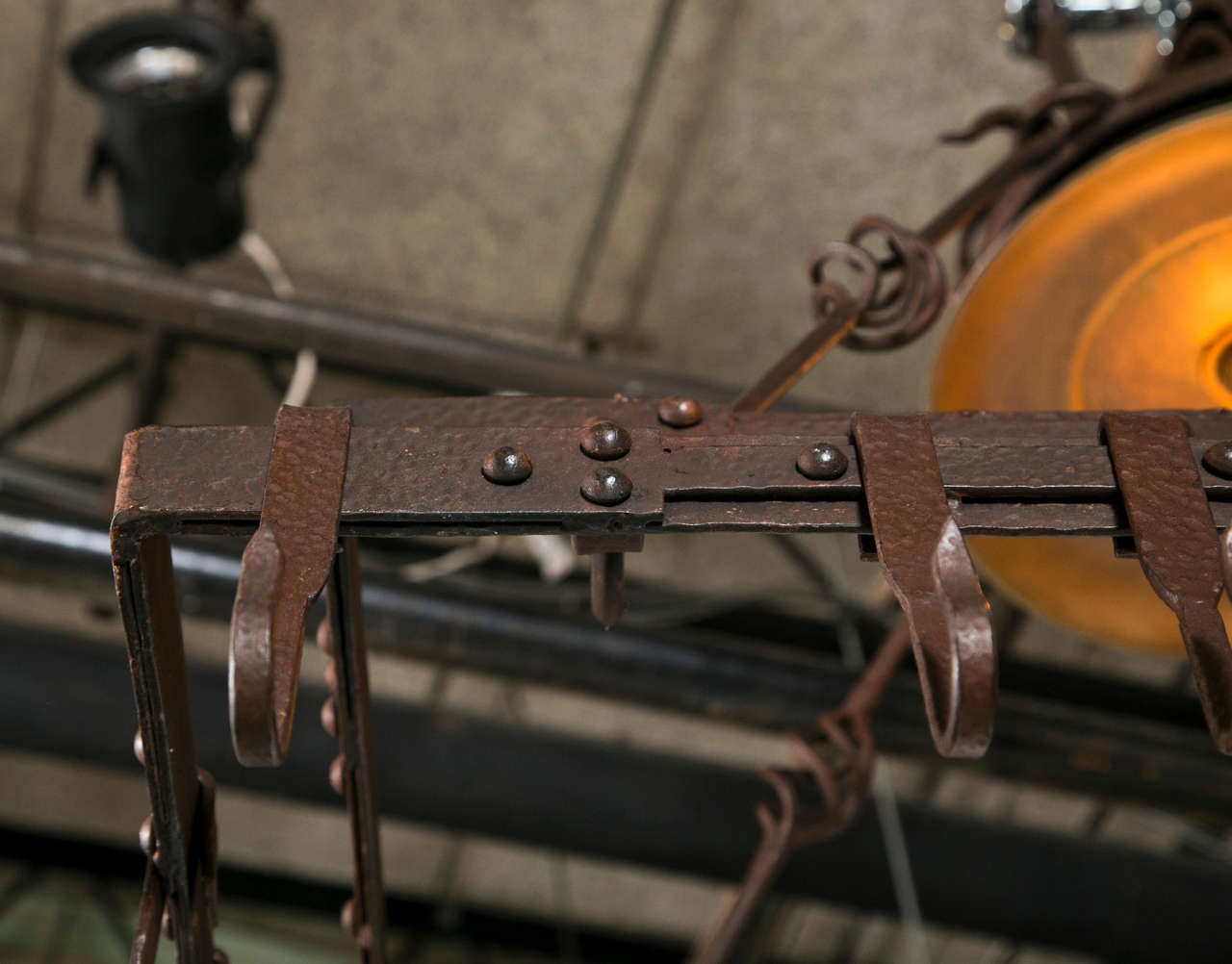 Wrought Iron Pot Hanging Pot Rack with Center Light In Excellent Condition In Stamford, CT