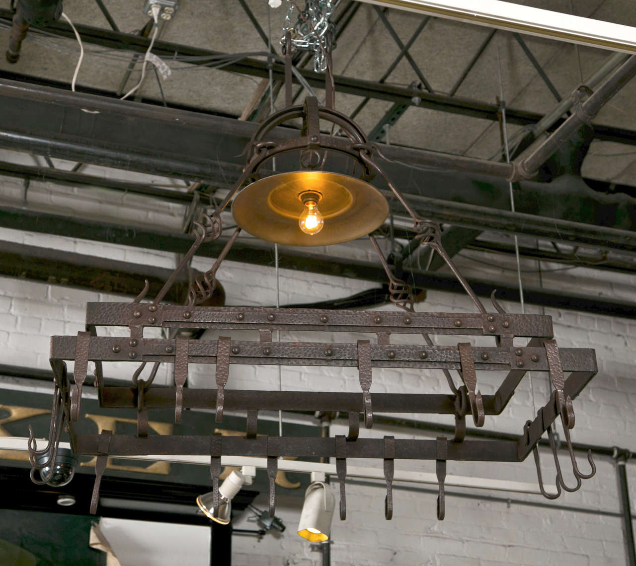 Wrought Iron Pot Hanging Pot Rack with Center Light at 1stDibs