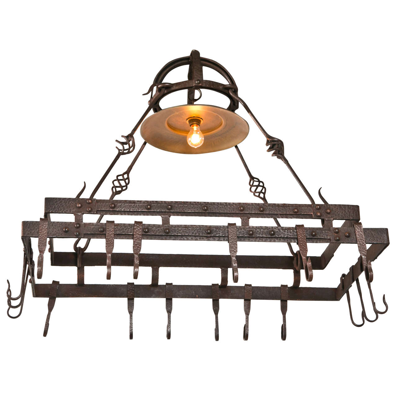 Wrought Iron Pot Hanging Pot Rack with Center Light at 1stdibs