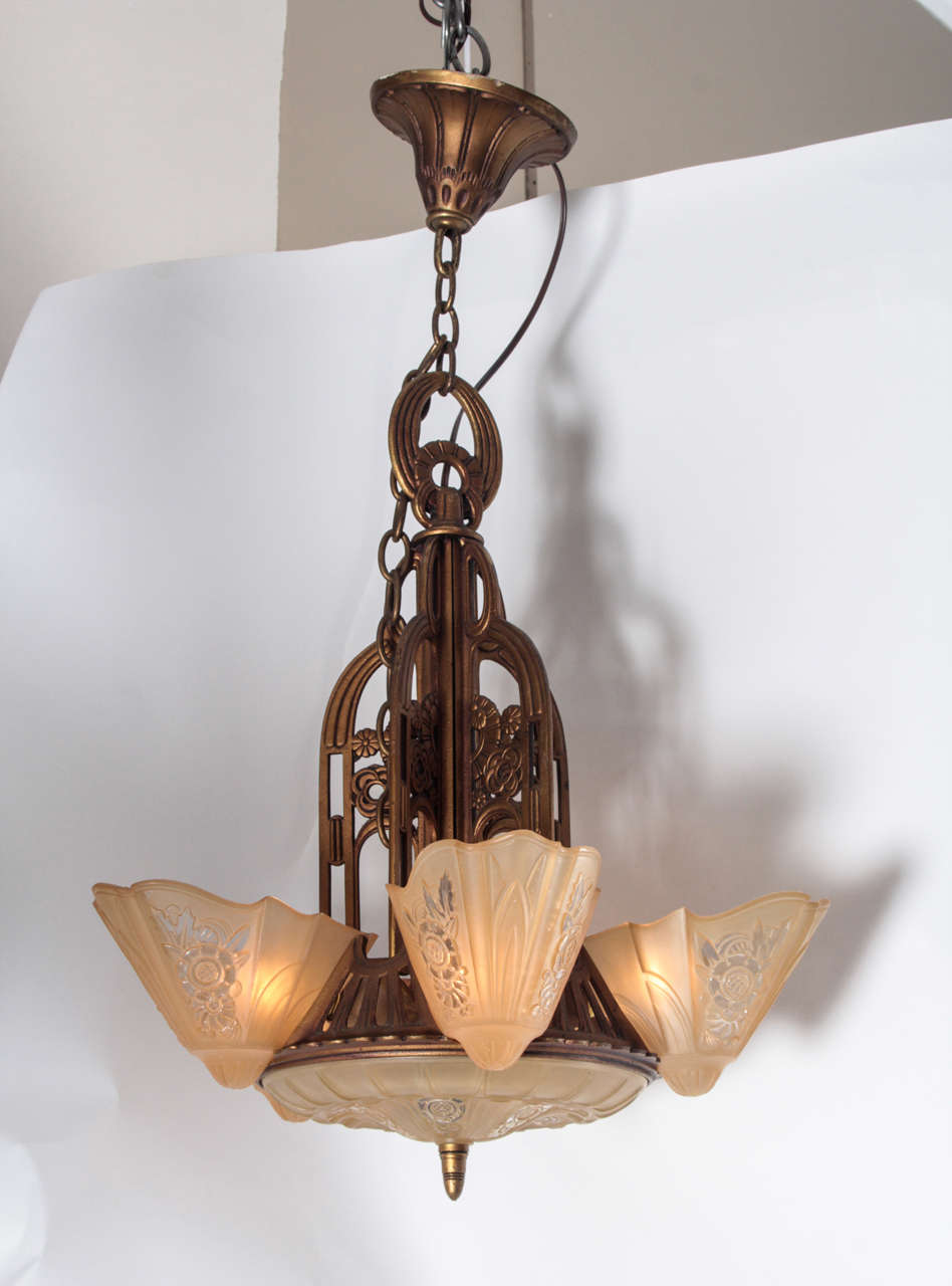 1930s Art Deco Pendant Light With Amber Slip Shades At 1stdibs A Waterfall 1930s Art Deco Five Lamp Pendant Light With Amber Slip Shades This Can