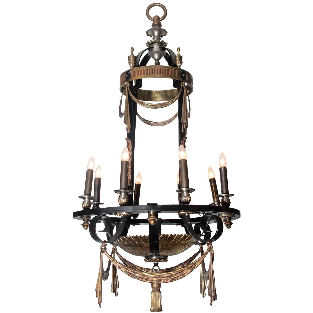 1920s Eight Light EF Caldwell Bronze Chandelier from a Providence, RI