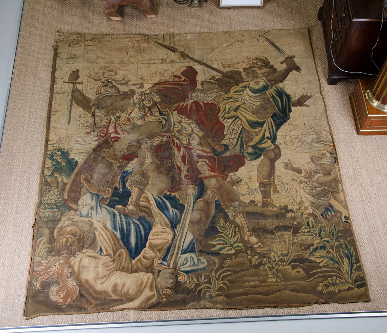 Fabulous good quality fragment from a Flemish battle scene, circa 1650.
Retaining labels from Maison Chevalier, Paris.
Dimensions: 270 cm x 240 cm.

Professionally re-backed with linen, cleaned and restored, an impressive piece. Please contact