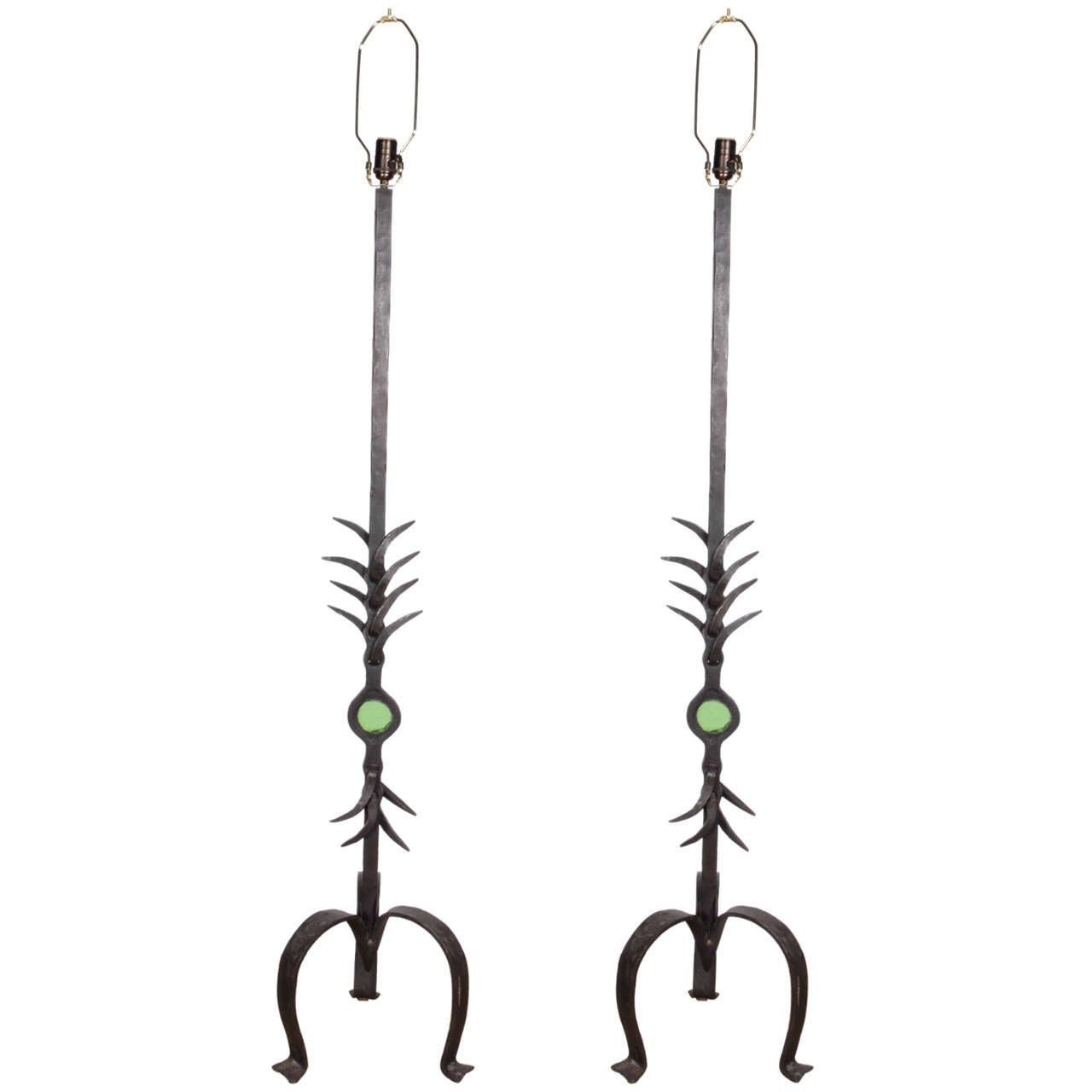 French Hand-Forged Wrought Iron Lamps with Glass Eye