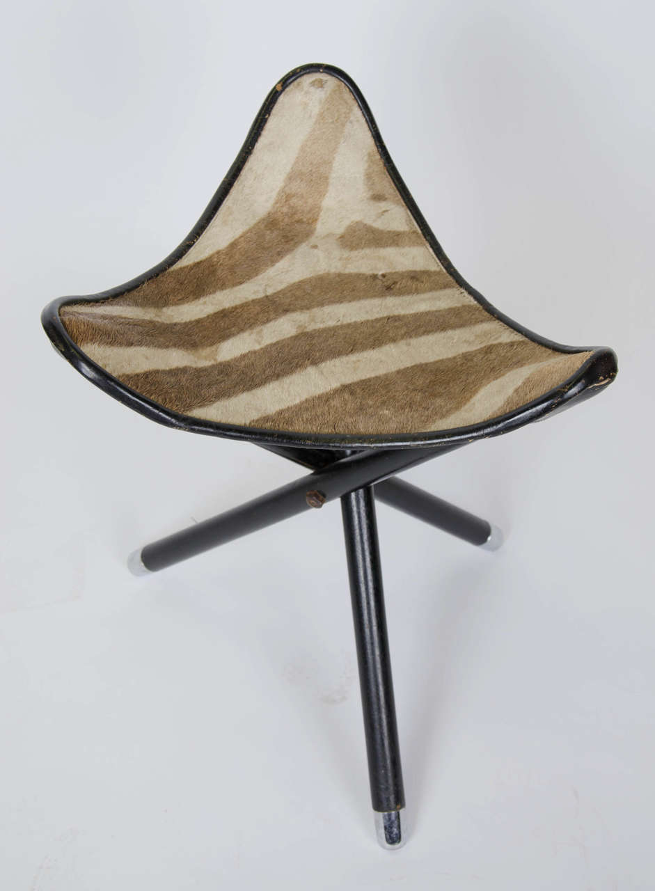 Wood Pair of 1950s French Folding Safari Stools with Zebra Hide Seats
