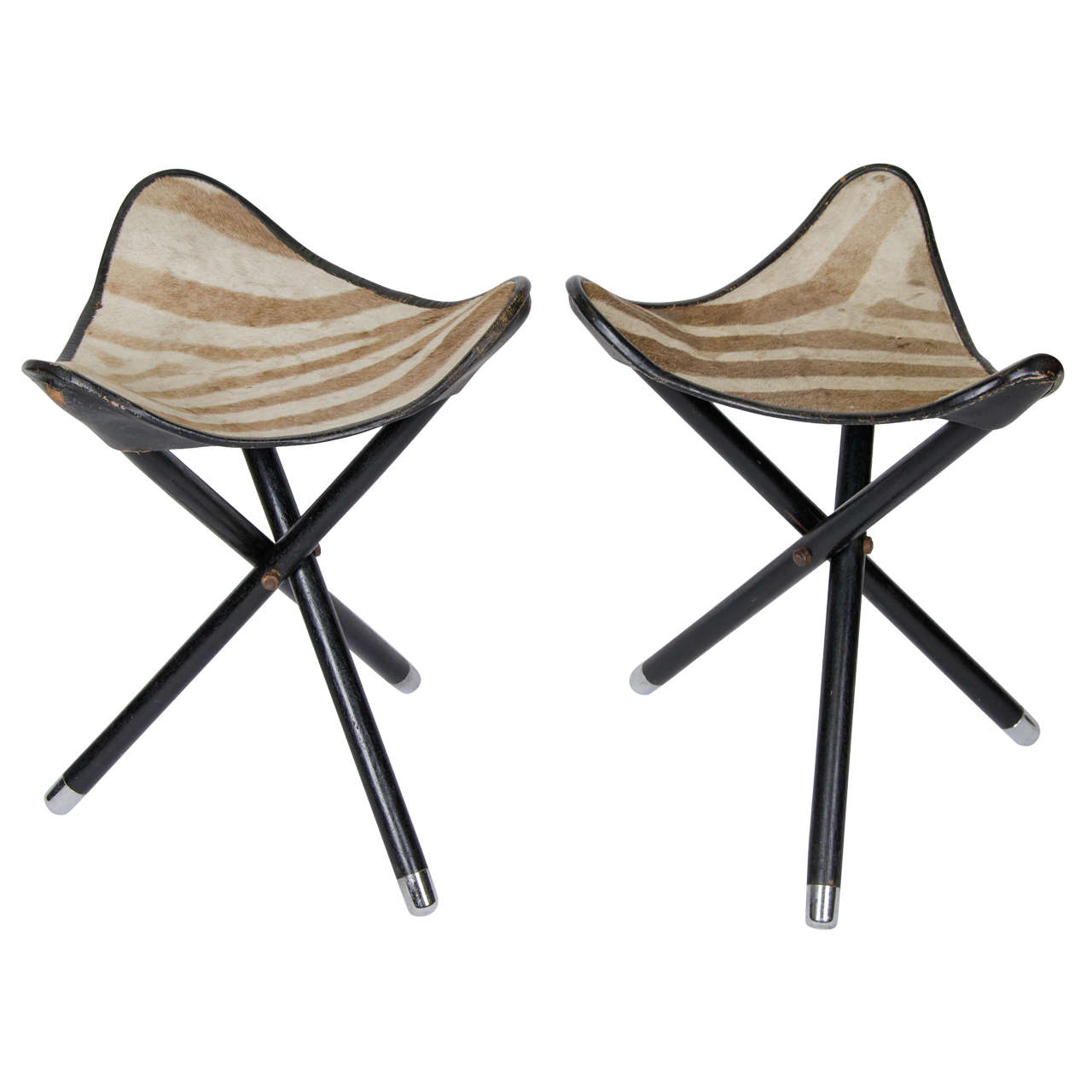 Pair of 1950s French Folding Safari Stools with Zebra Hide Seats