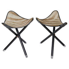 Pair of 1950s French Folding Safari Stools with Zebra Hide Seats