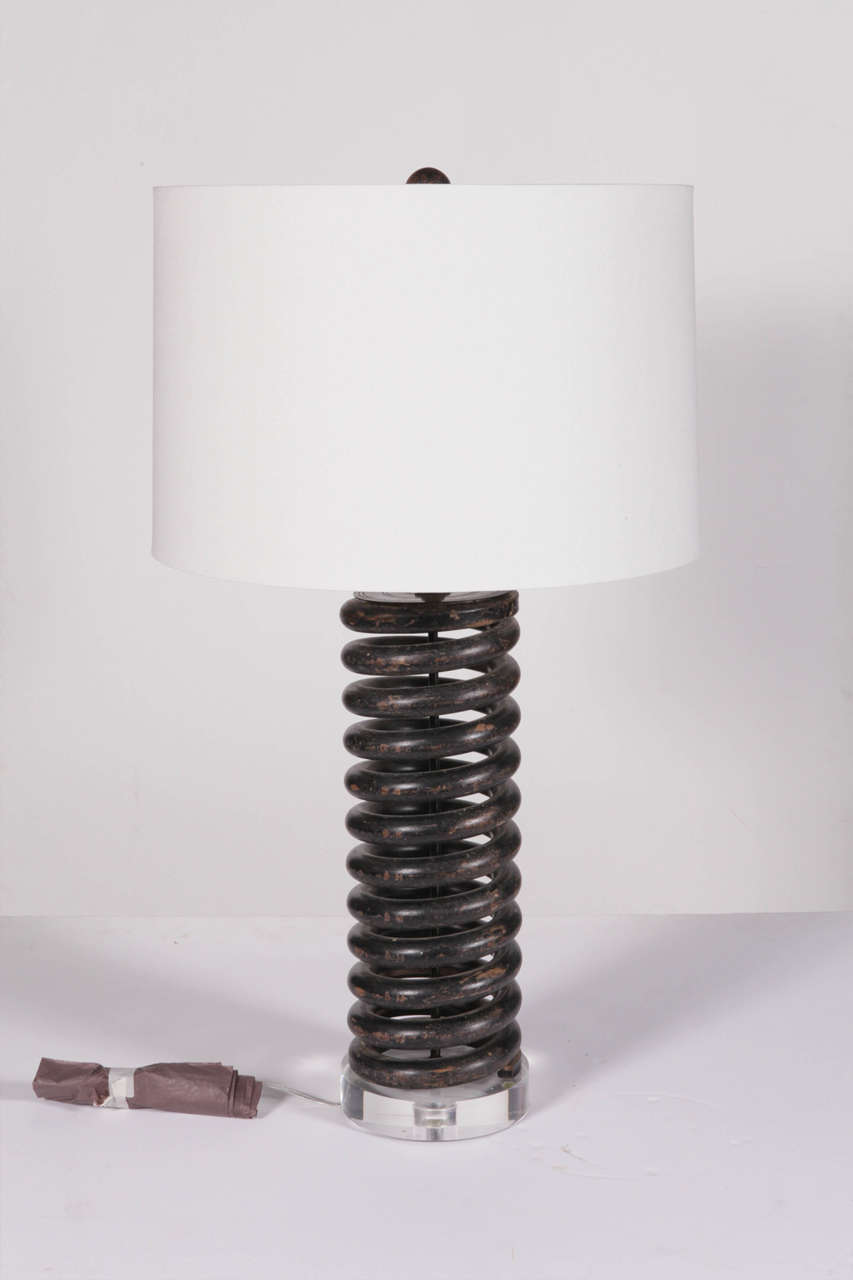 Vintage Industrial Coil Spring Lamp on Acrylic Mount with Flat Linen Shade (weighs 40 lbs)