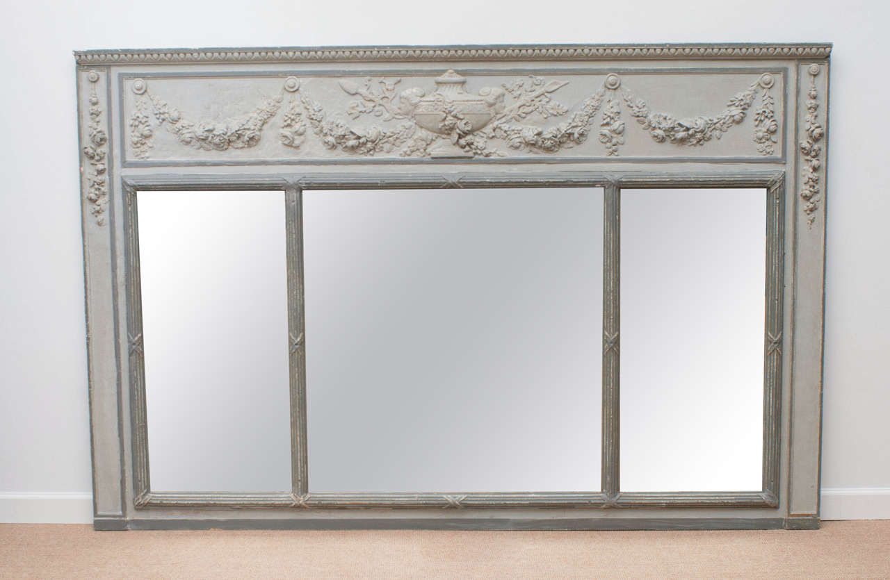 Old Painted French Three-Panel Trumeau Mirror