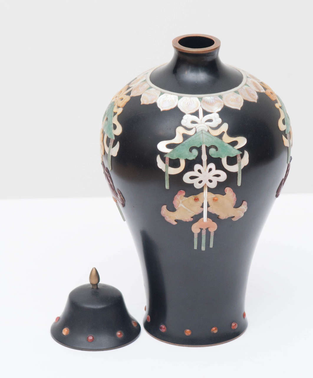 Bronze Pair of Chinese Meiping Vases with Hardstone Inlay For Sale