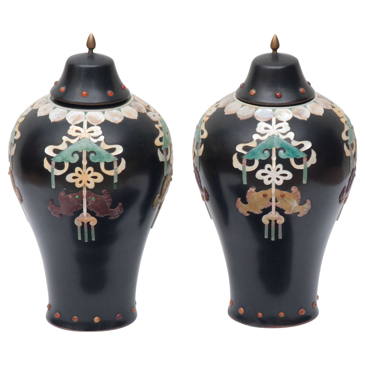 Pair of Chinese Meiping Vases with Hardstone Inlay For Sale