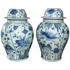 Vintage Large Pair of Chinese Blue and White Porcelain Jars