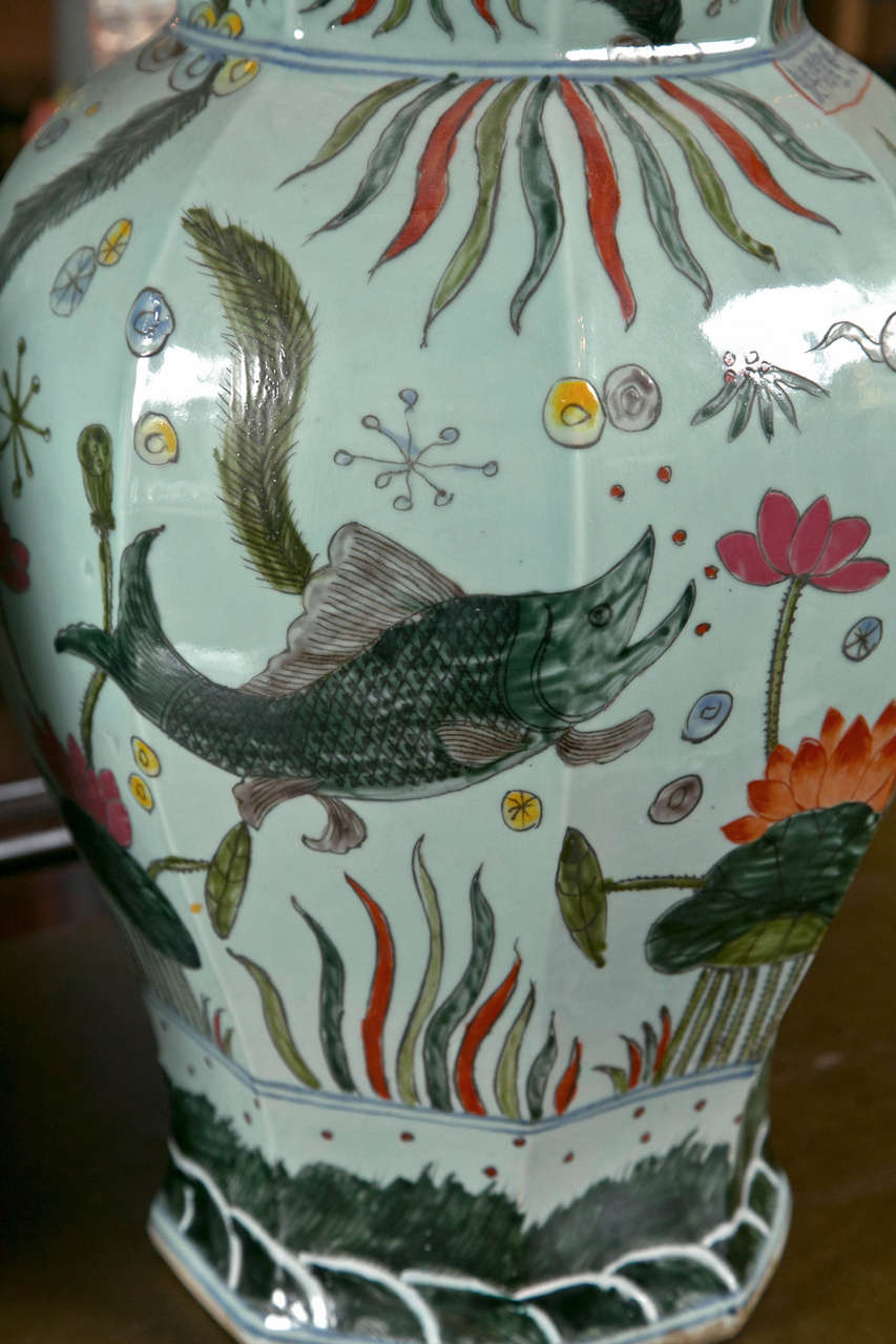 Porcelain Pair of Chinese Octagonal Lidded Jars