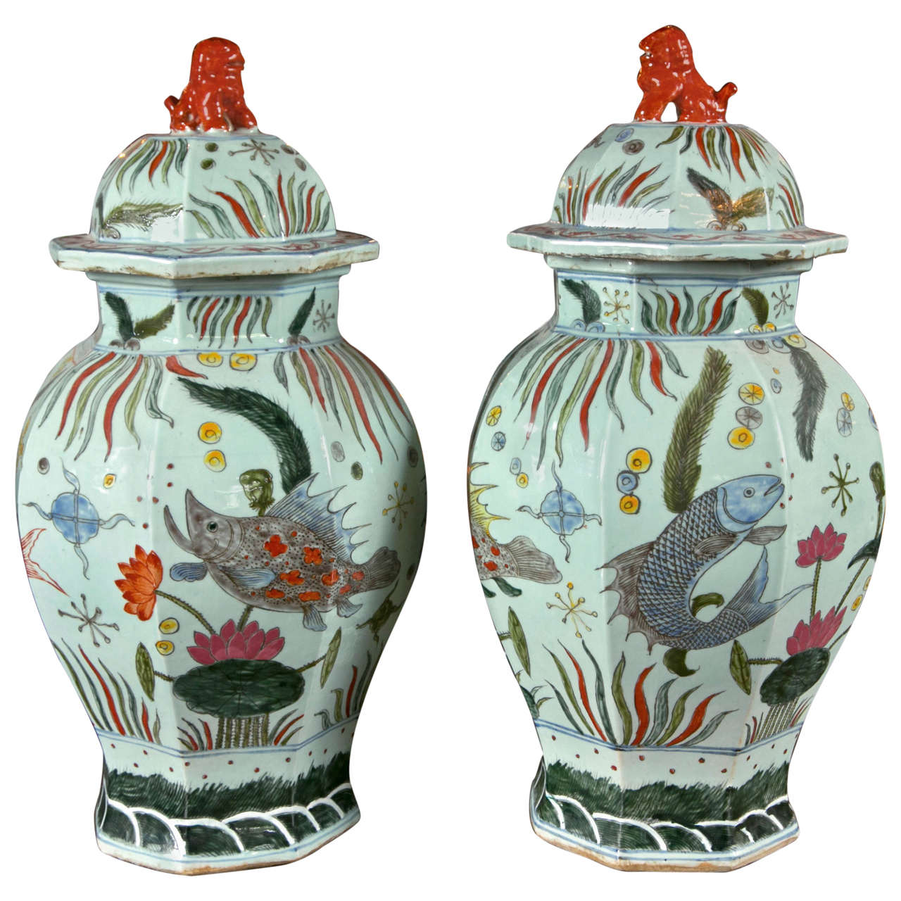 Pair of Chinese Octagonal Lidded Jars