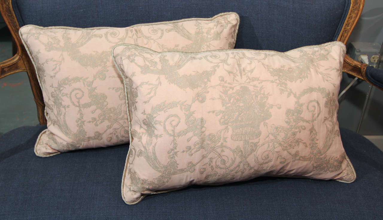 Pair of rectangular vintage fortuny in lovely pale pink  newly constructed with linen backing , down and feather fill