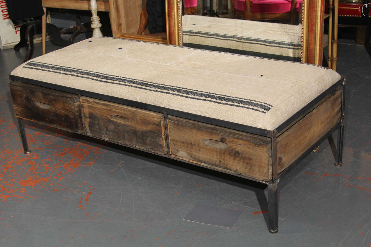 Very functional bench with  three-pullout storage drawers.<br />
Firm top allows this to double as coffee table.<br />
