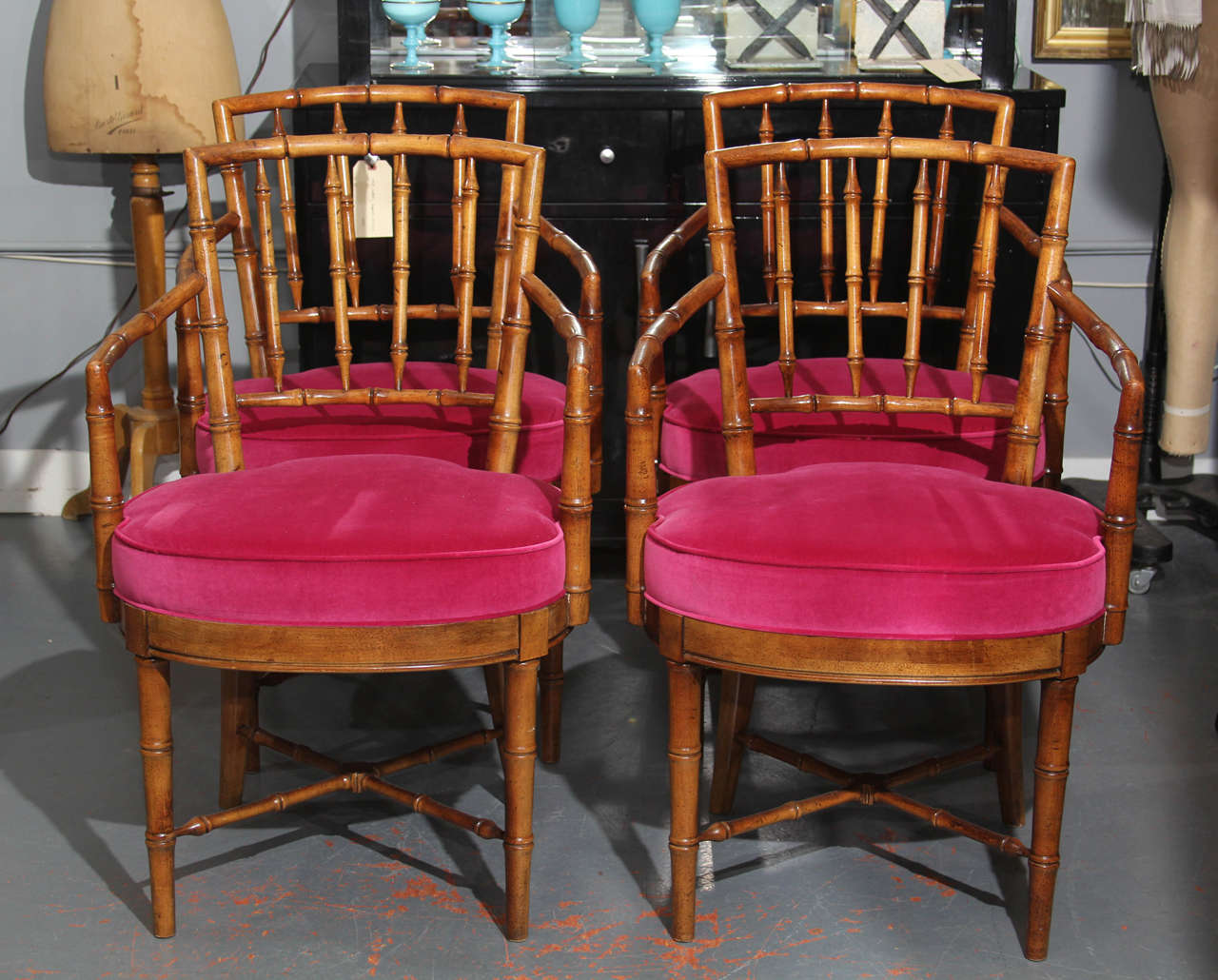 set of 4 faux bamboo chairs with deep pink lipstick cotton velvet seats