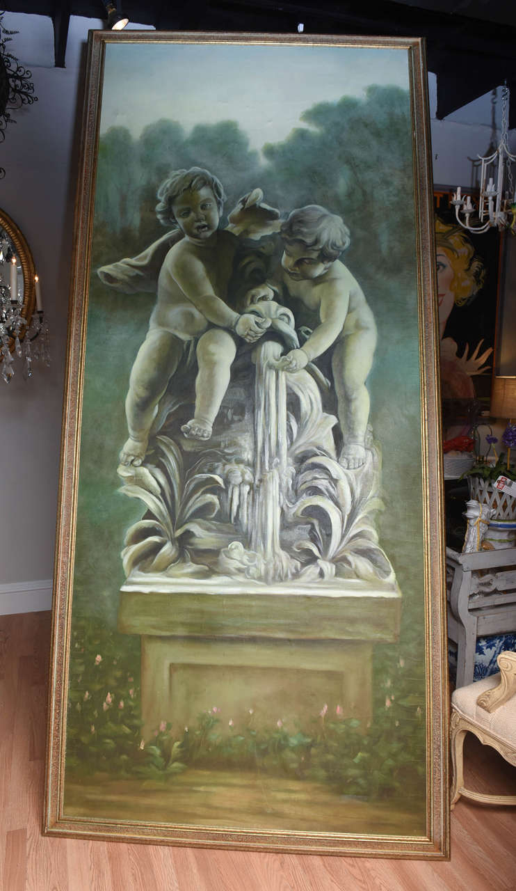 Very striking oil on canvas of fountain garden scene with two Putti. Not attributed.