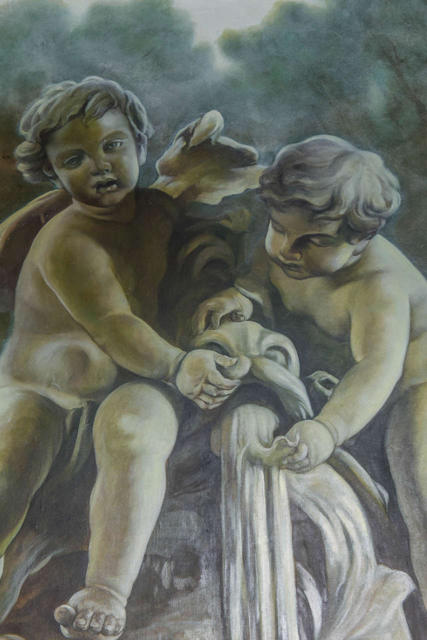 20th Century Large Oil Painting of Cherubs at Fountain