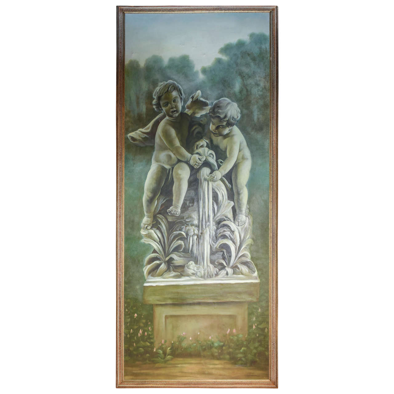 Large Oil Painting of Cherubs at Fountain