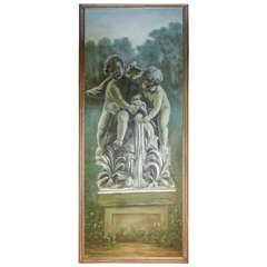 Vintage Large Oil Painting of Cherubs at Fountain