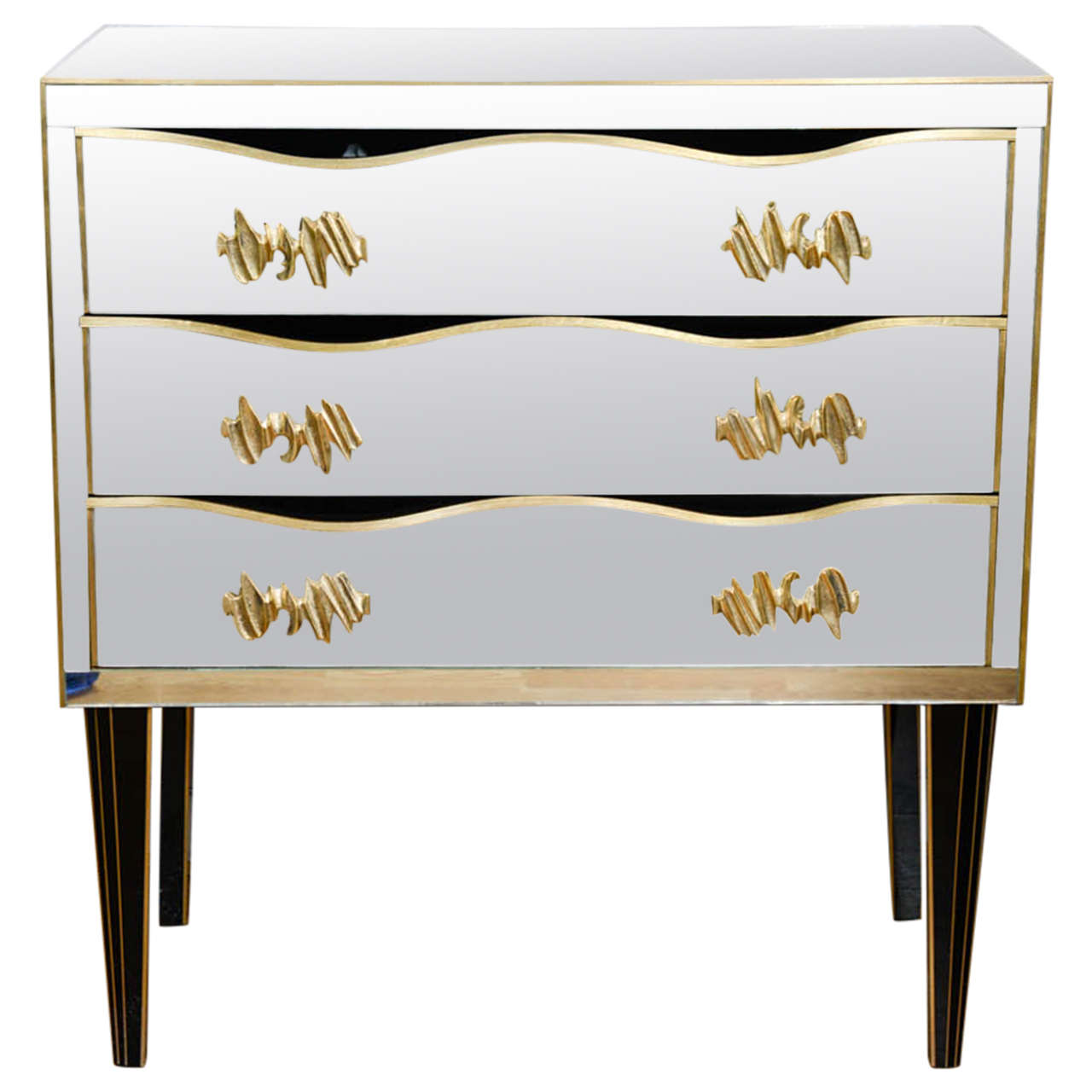 Commode all in Mirror with Three Drawers, Handles in Bronze
