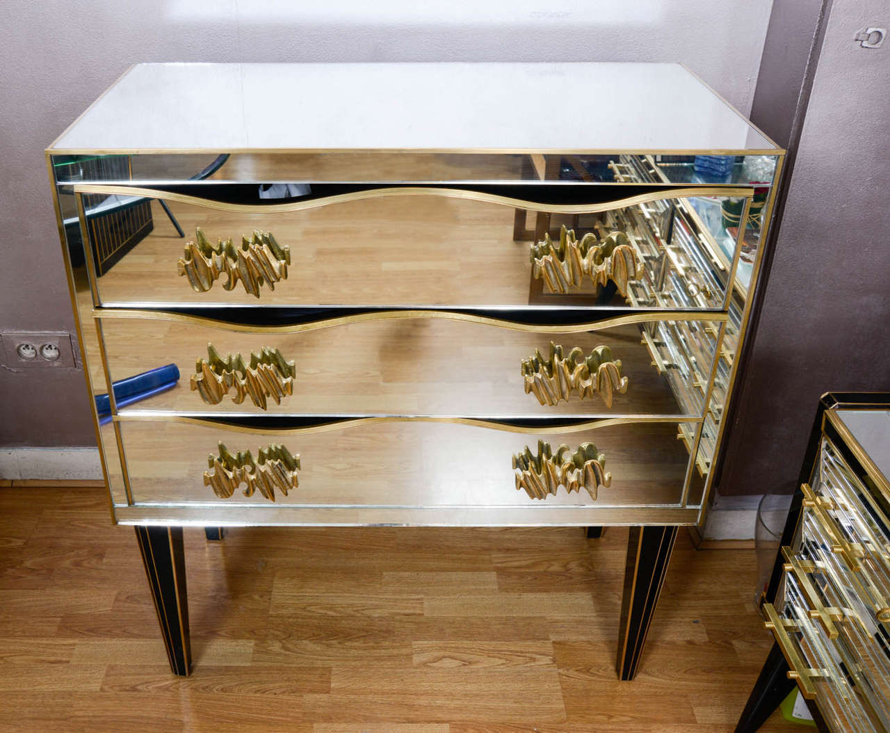 Late 20th Century Commode all in Mirror with Three Drawers, Handles in Bronze