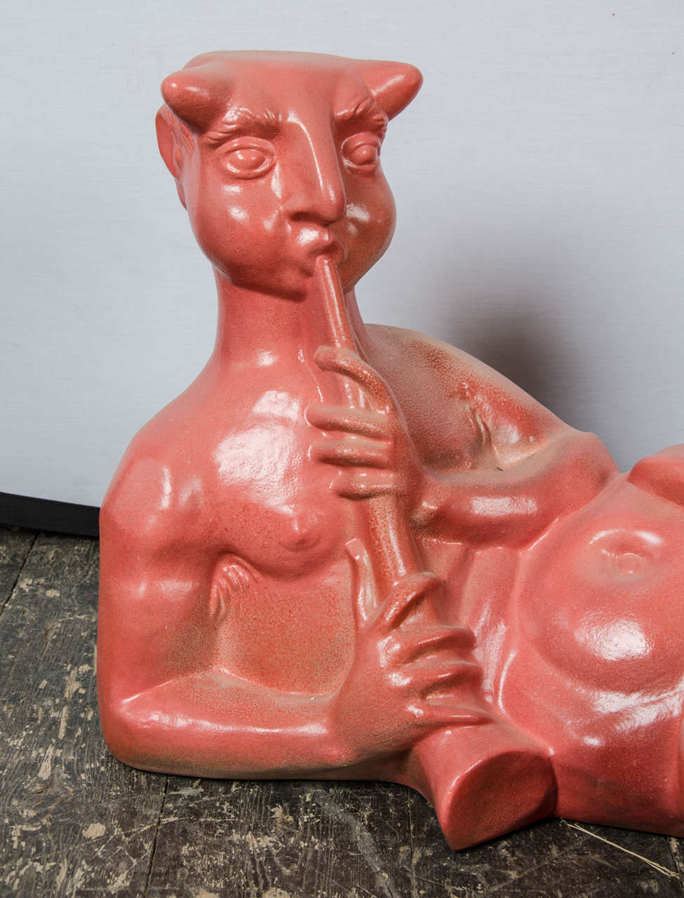 Glazed Unusual life size faun playing flute in glazed red ceramic Italian 50's