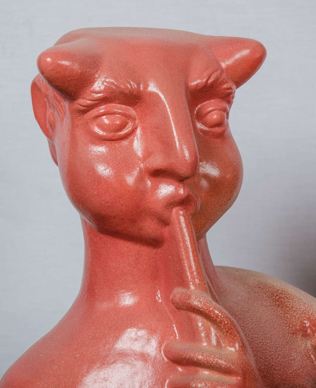Unusual life size faun playing flute in glazed red ceramic Italian 50's In Good Condition In London, GB