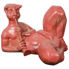 Unusual life size faun playing flute in glazed red ceramic Italian 50's