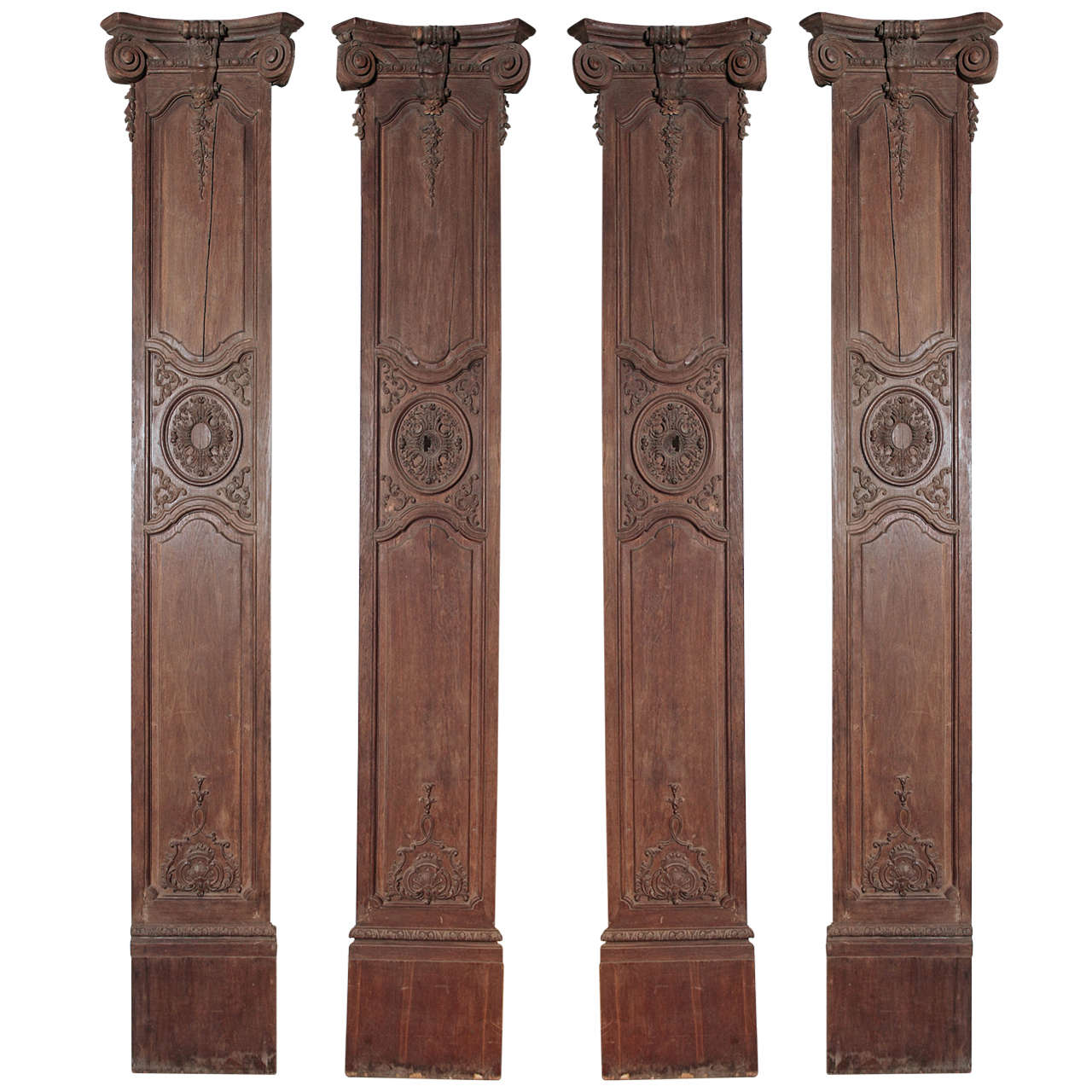Set of Four Antique Oak Columns from a French Boiserie or Paneled Room