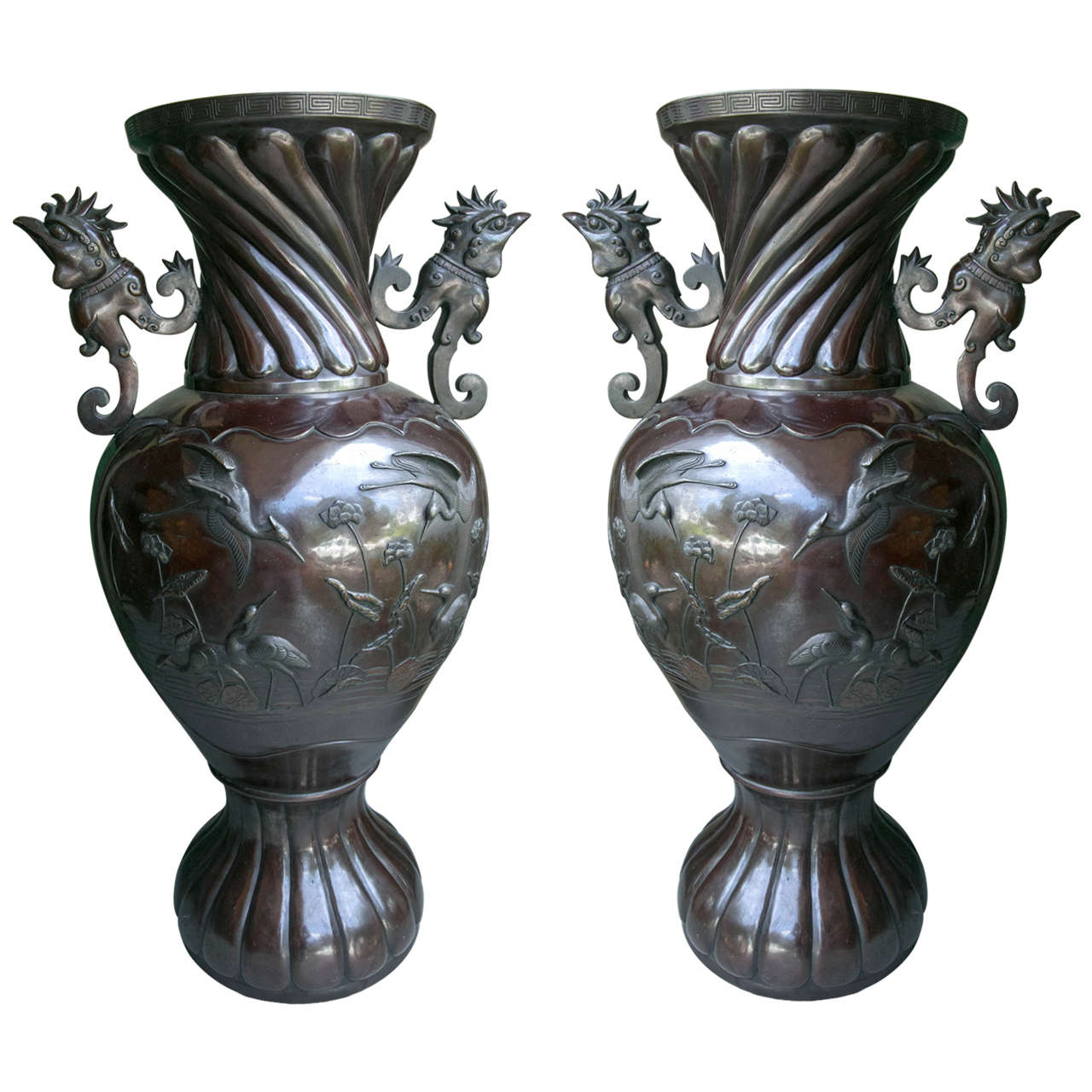 Pair of Japanese Bronze Floor Vases For Sale