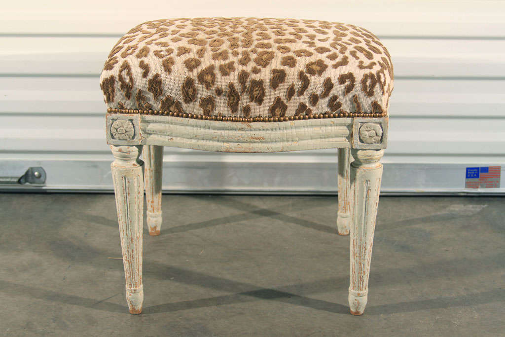 Lovely Painted Louis XVI Swedish tabouret with new Schumacher Leopard tapestry