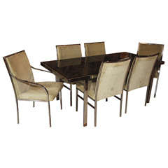 1970s Chrome & Glass Dining Room Set: Extendable Table, 6 Chairs