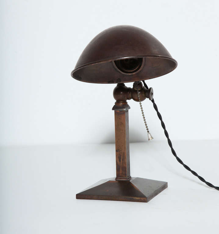 Edwardian Circa 1900 Dark Brass Pharmacy Table Lamp with Copper Clam Shell Shade